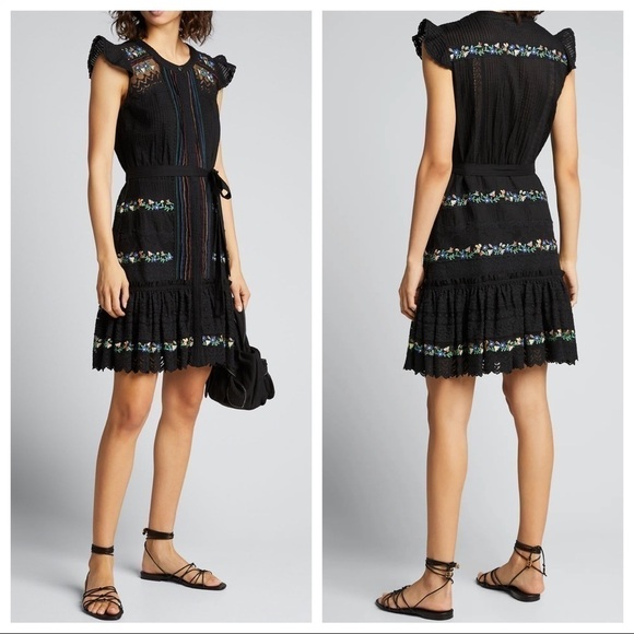 Saloni Black Pintuck Embroidered Boho Peasant Dress Womens 2 New - Picture 1 of 12
